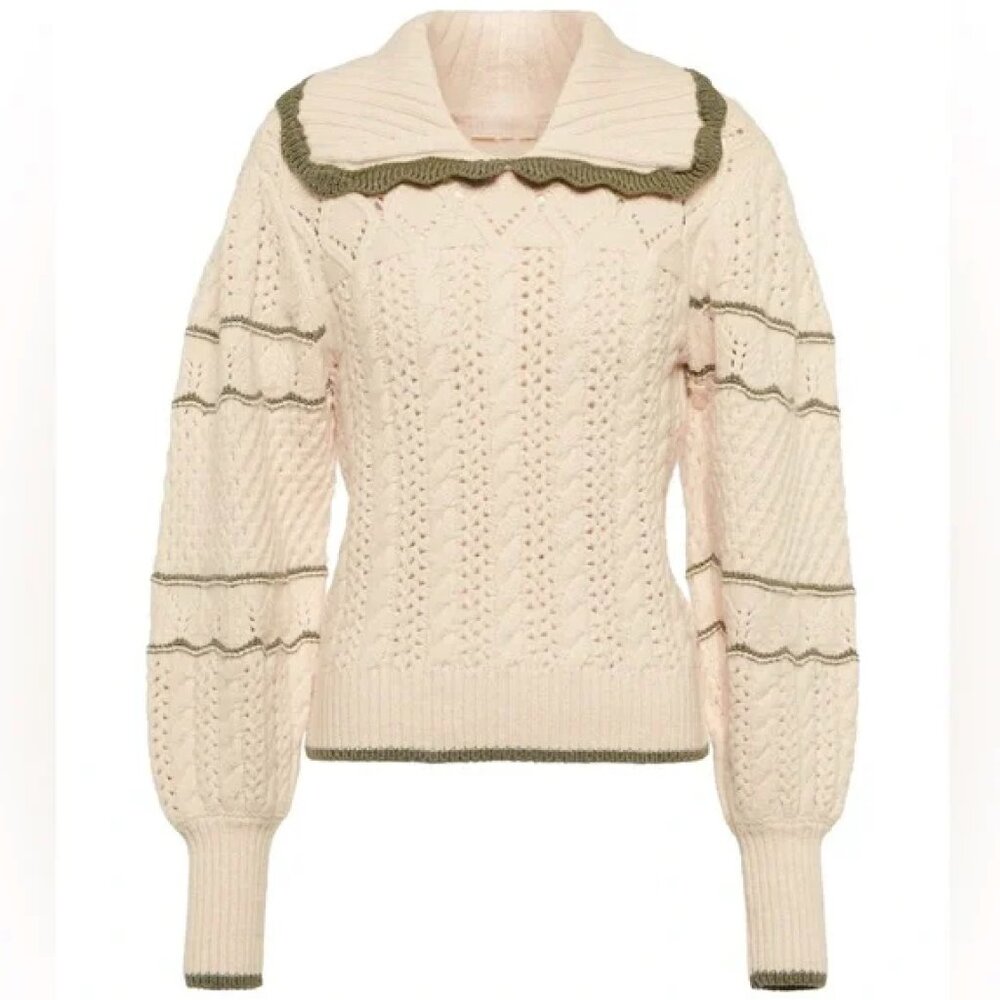 Ulla Johnson Cream Cable Knit Sweater with Olive Trim
